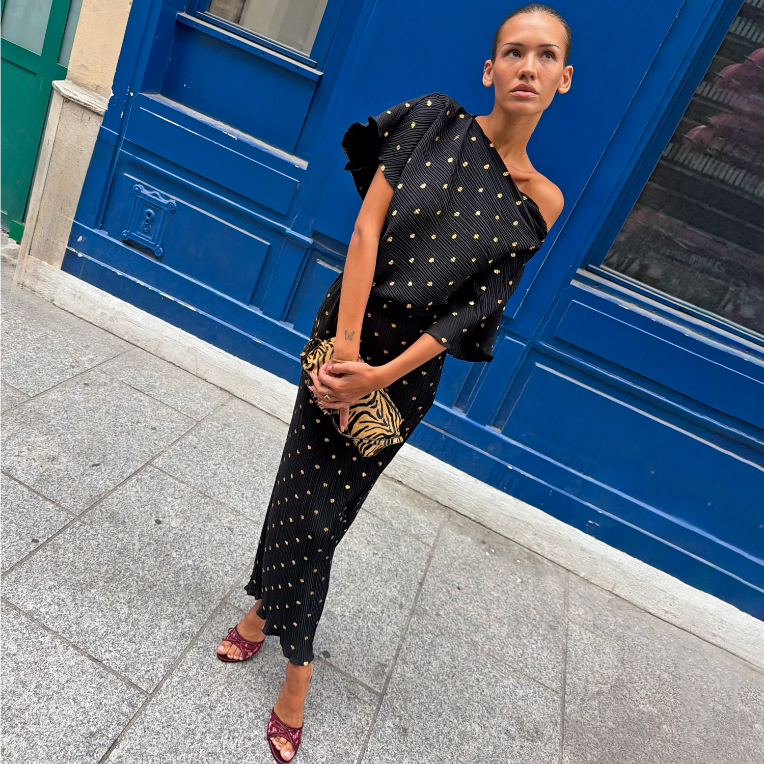 Black Tilly Gold Fleck Plissé Dress