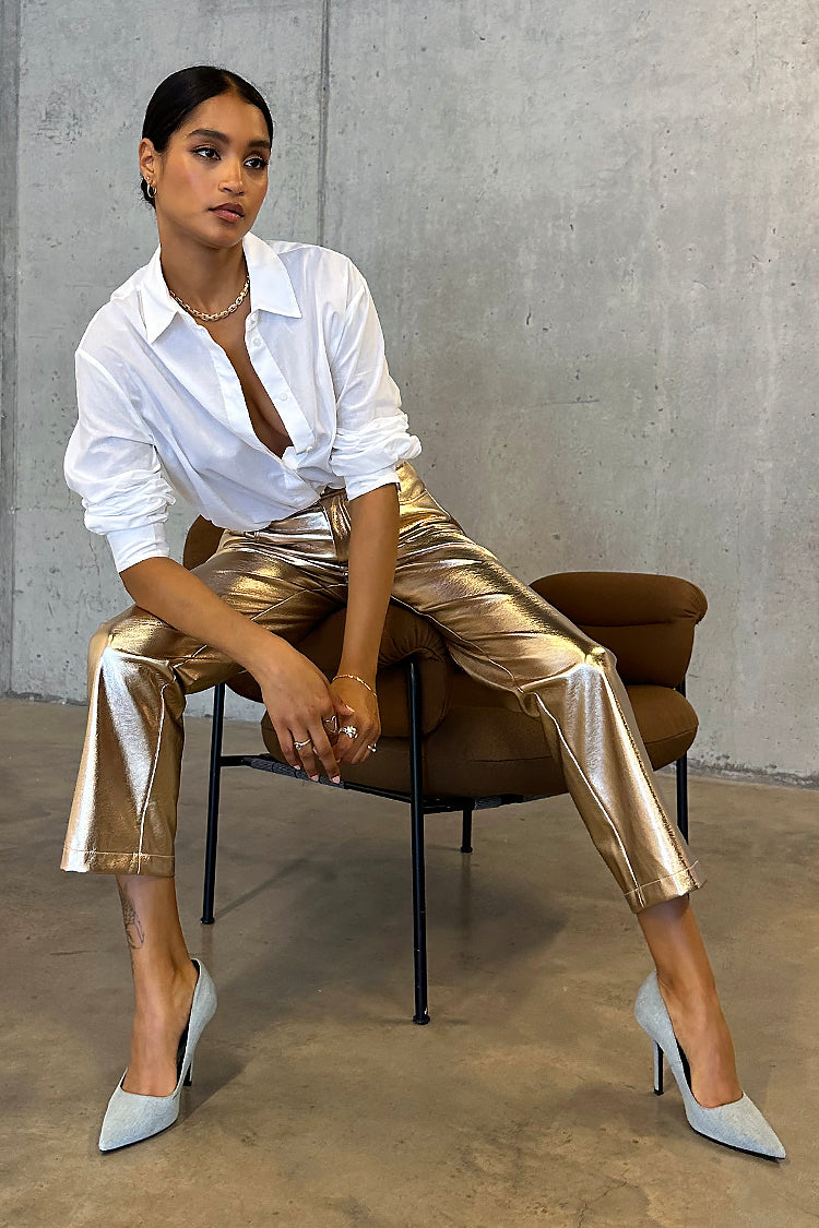 caption_Model is 5ft6 and wears Gold Vegan Leather Trousers in UK 8 / US 4
