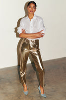 Thumbnail for Model wearing Gold Vegan Leather Trouser