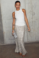 Thumbnail for caption_Model wears  Silver Sequin Dorris Skirt in UK size 10/ US 6