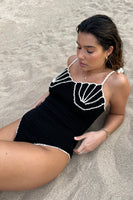Thumbnail for Model wearing Black Crochet Shell Bodysuit