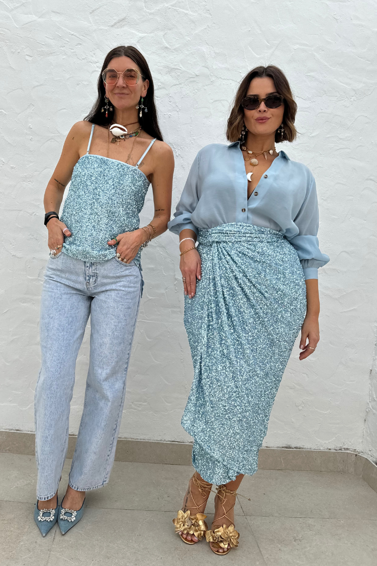 Ice Blue Sequin Jaspre Skirt paired with a light blue shirt and matching sequin cami on two models.