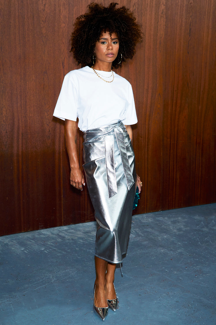 caption_Model is 5ft6 and wears Silver Vegan Leather Skirt in UK 8 / US 4
