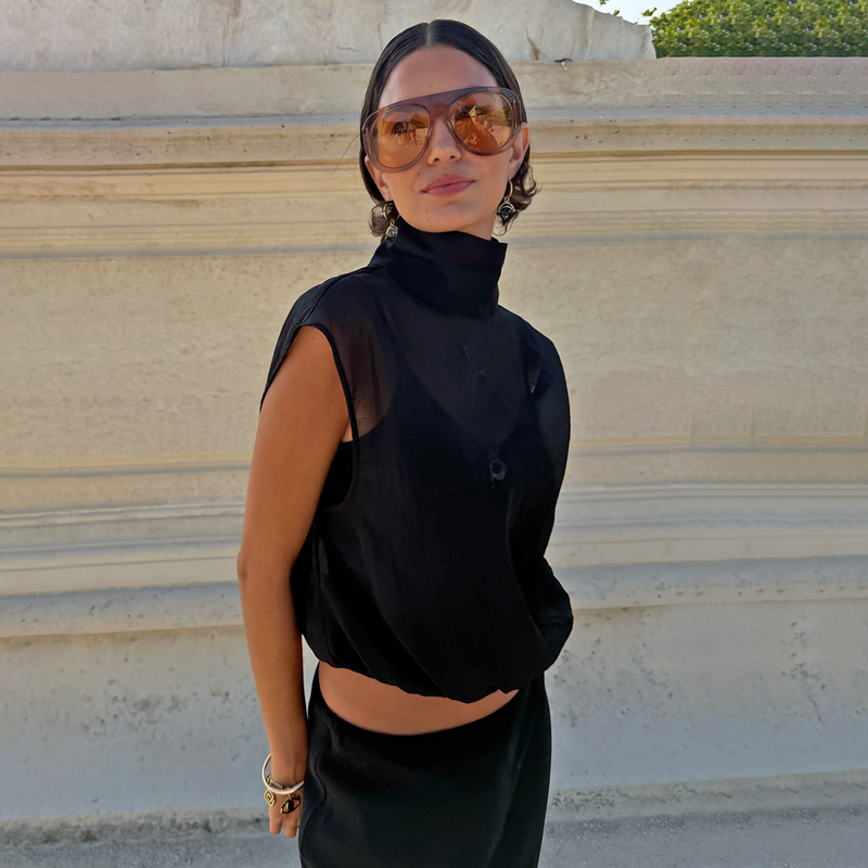 Black Organza Funnel Neck Top