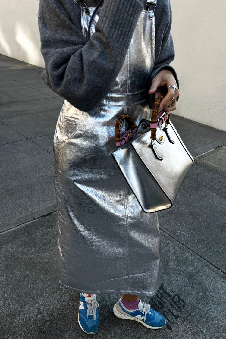 caption_Model wears Silver Pinafore Dress in UK size 8/ US 4