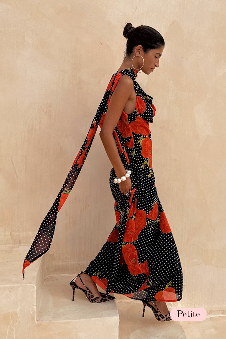 Black Poppy Sophie Dress Petite featuring a polka dot and red floral print with a long trailing scarf detail.