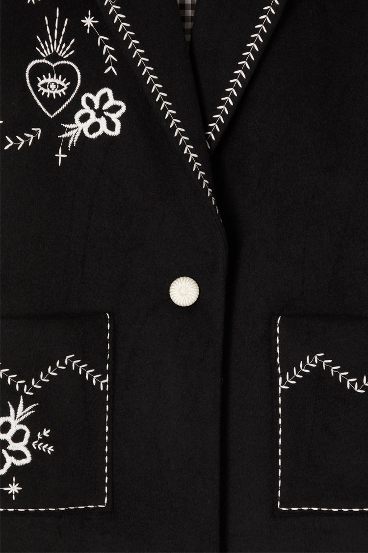 close up close up of Black Embroidered Geneva Coat