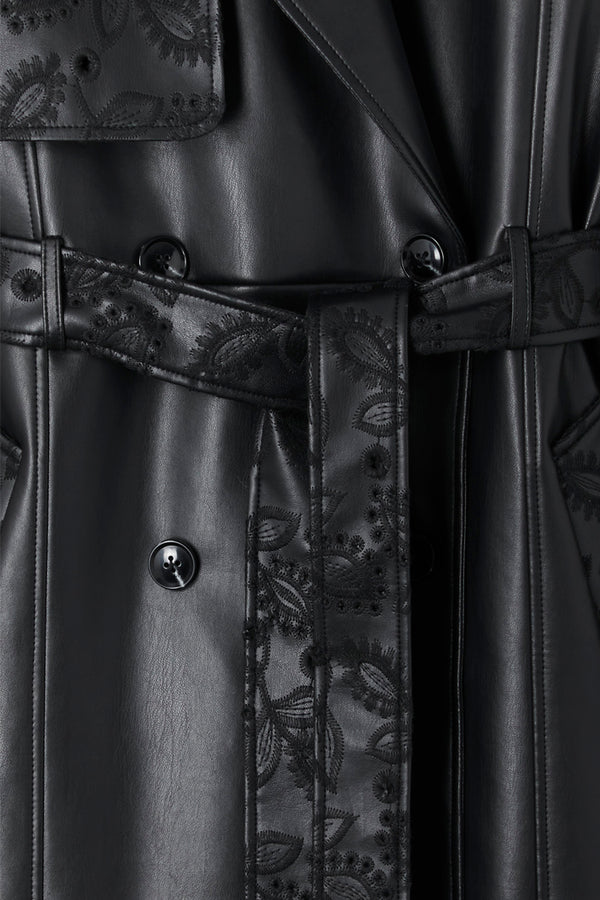 Black Embroidered Vegan Leather Trench Coat – Never Fully Dressed