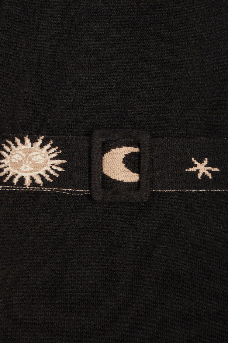 Close up of belt of Black Lyon Belted Knit Dress