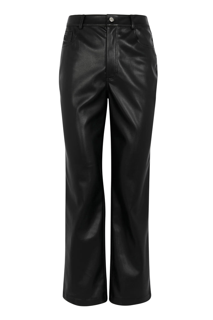 Pantaloni neri in pelle vegana a vita alta con design a gamba dritta.