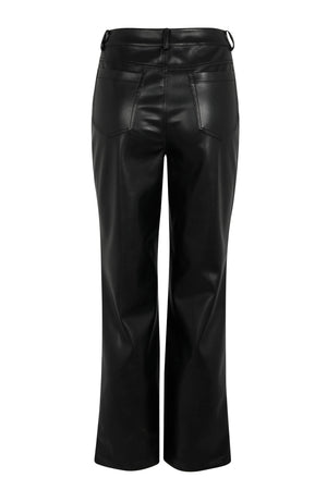 Pantaloni neri in pelle vegana a vita alta con tasche posteriori e silhouette a gamba dritta.