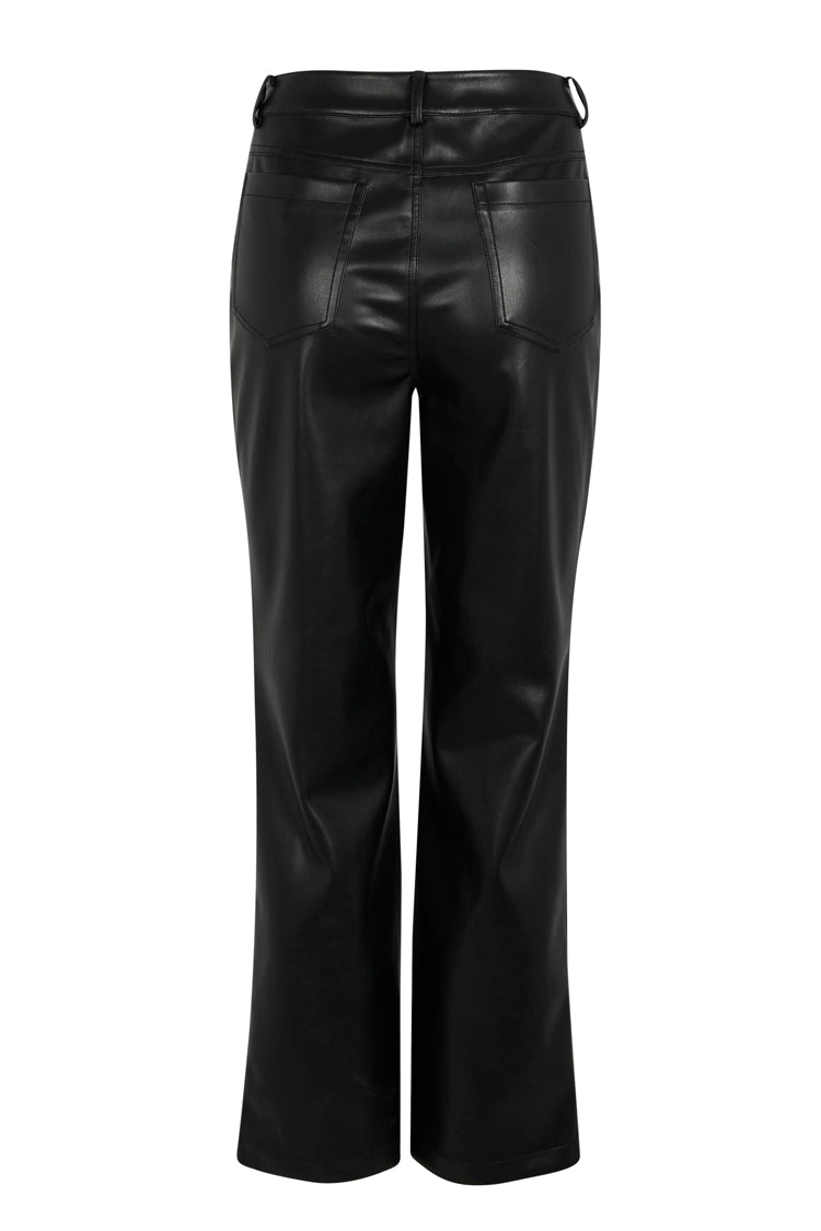 Pantaloni neri in pelle vegana a vita alta con tasche posteriori e silhouette a gamba dritta.