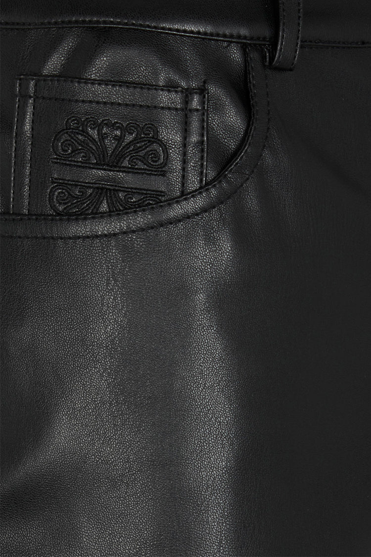 Close up of pocket detail on Black Vegan Leather Trousers