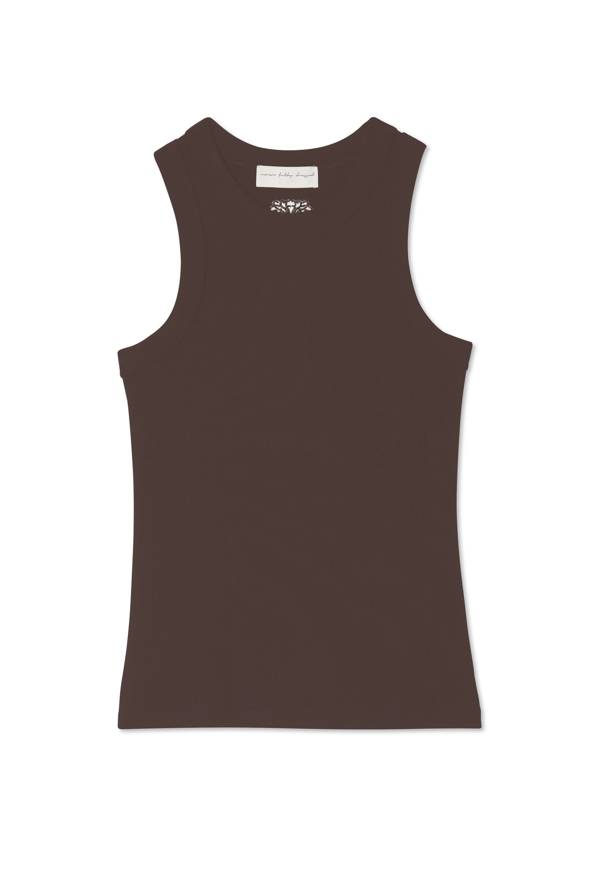Chocolate Ribbed Tank with embroidered NFD logo, a soft stretch block colour staple designed in London.