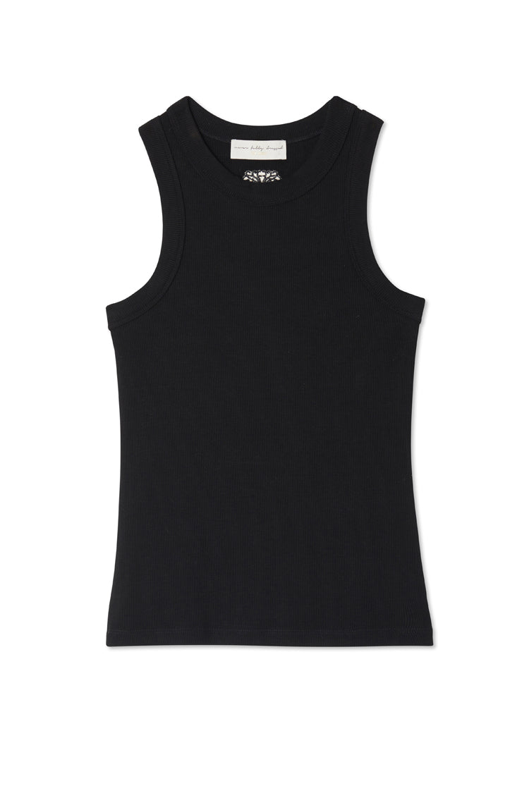 Black Ribbed Tank with soft stretch fabric and an embroidered NFD logo, a versatile wardrobe staple.
