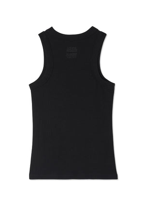 Black Ribbed Tank shown from the back, featuring a tonal embroidered NFD logo and ribbed texture.