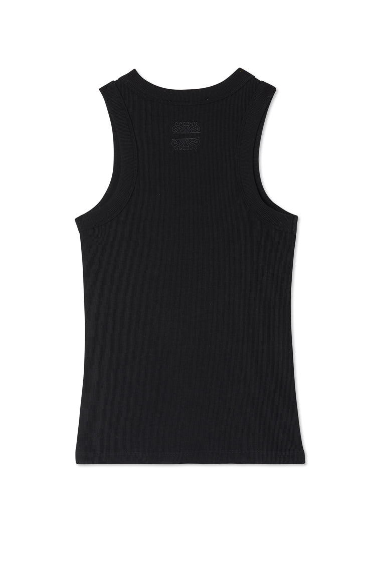 Black Ribbed Tank shown from the back, featuring a tonal embroidered NFD logo and ribbed texture.