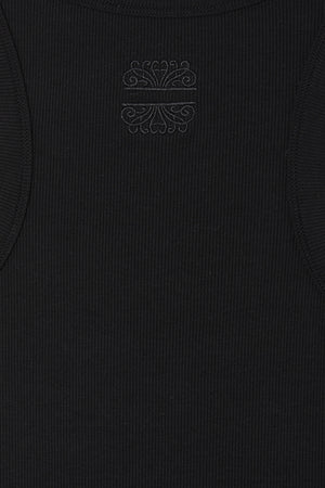 Black ribbed tank top featuring a tonal embroidered NFD logo on soft stretch fabric.