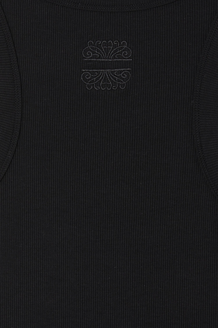 Black ribbed tank top featuring a tonal embroidered NFD logo on soft stretch fabric.