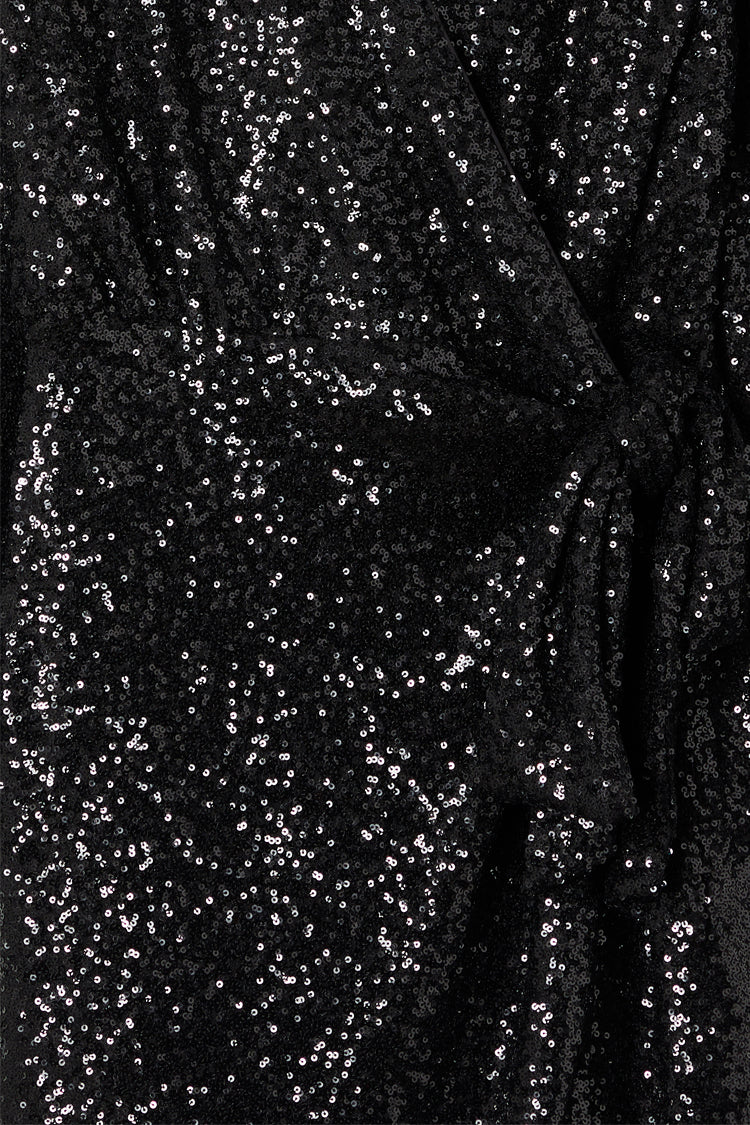 Close up of sequins on Black Sequin Vienna Wrap dress