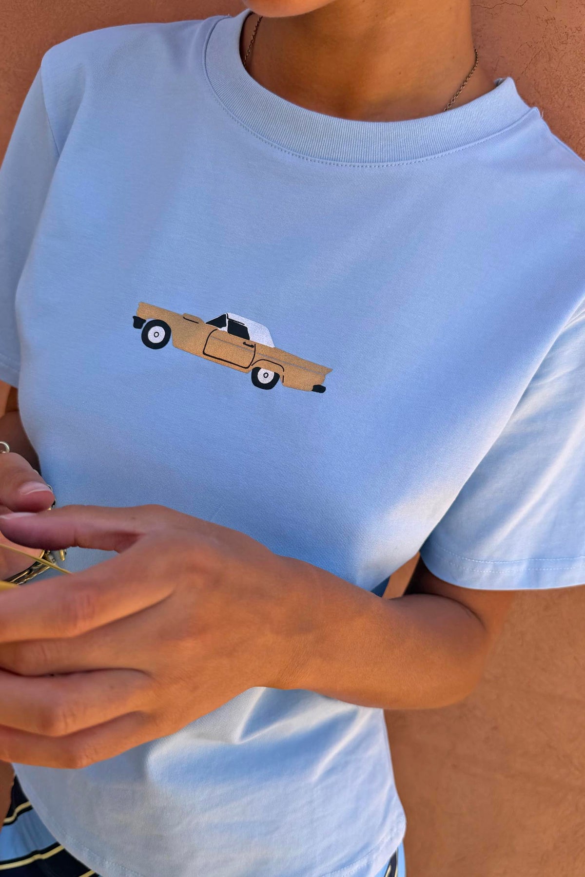 NFD Cadillac Baby T-Shirt in blue cotton with a retro car motif and classic crew neckline.