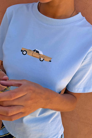NFD Cadillac Baby T-Shirt in blue cotton with a retro car motif and classic crew neckline.