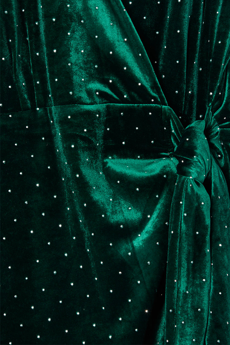Close up of Emerald Velvet Violet Wrap Dress