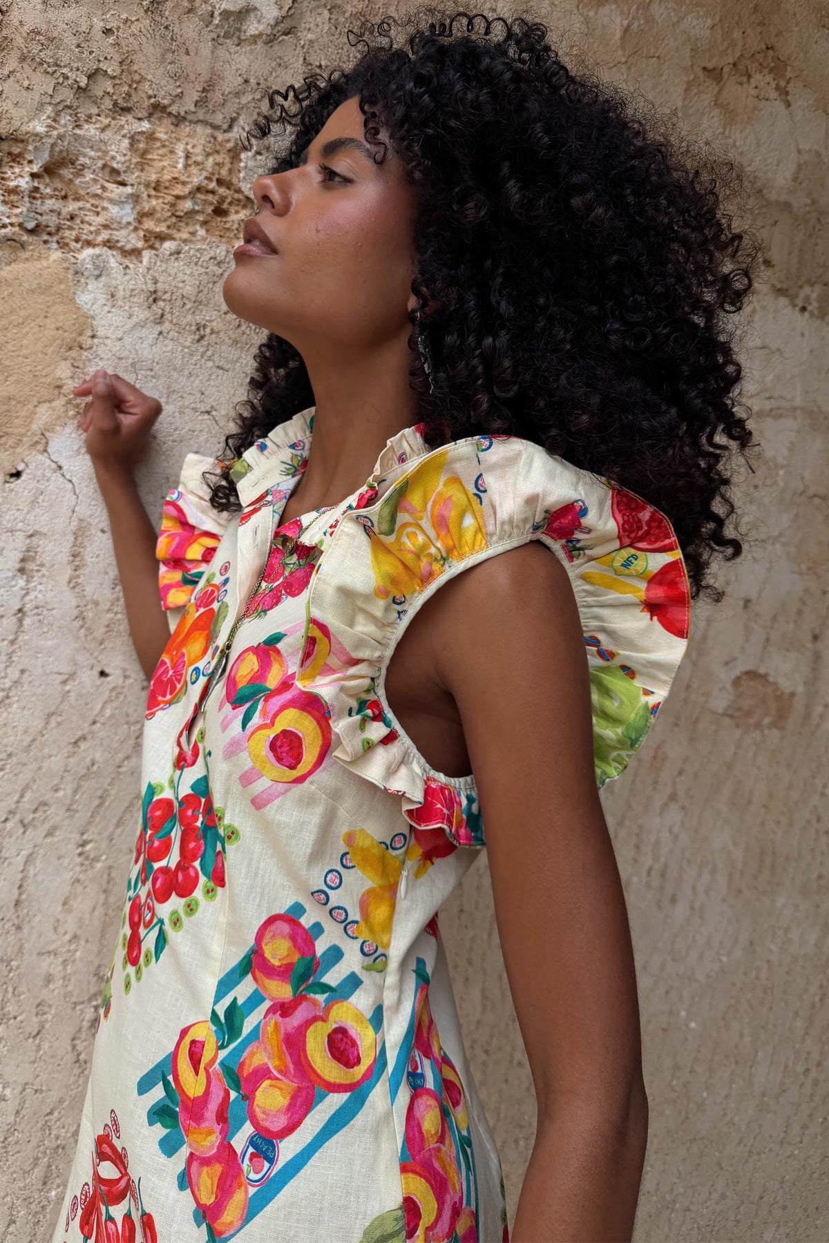 Fruit Stamps Remi Dress with ruffle sleeves and a bold fruit sticker print in a breathable cotton linen blend.
