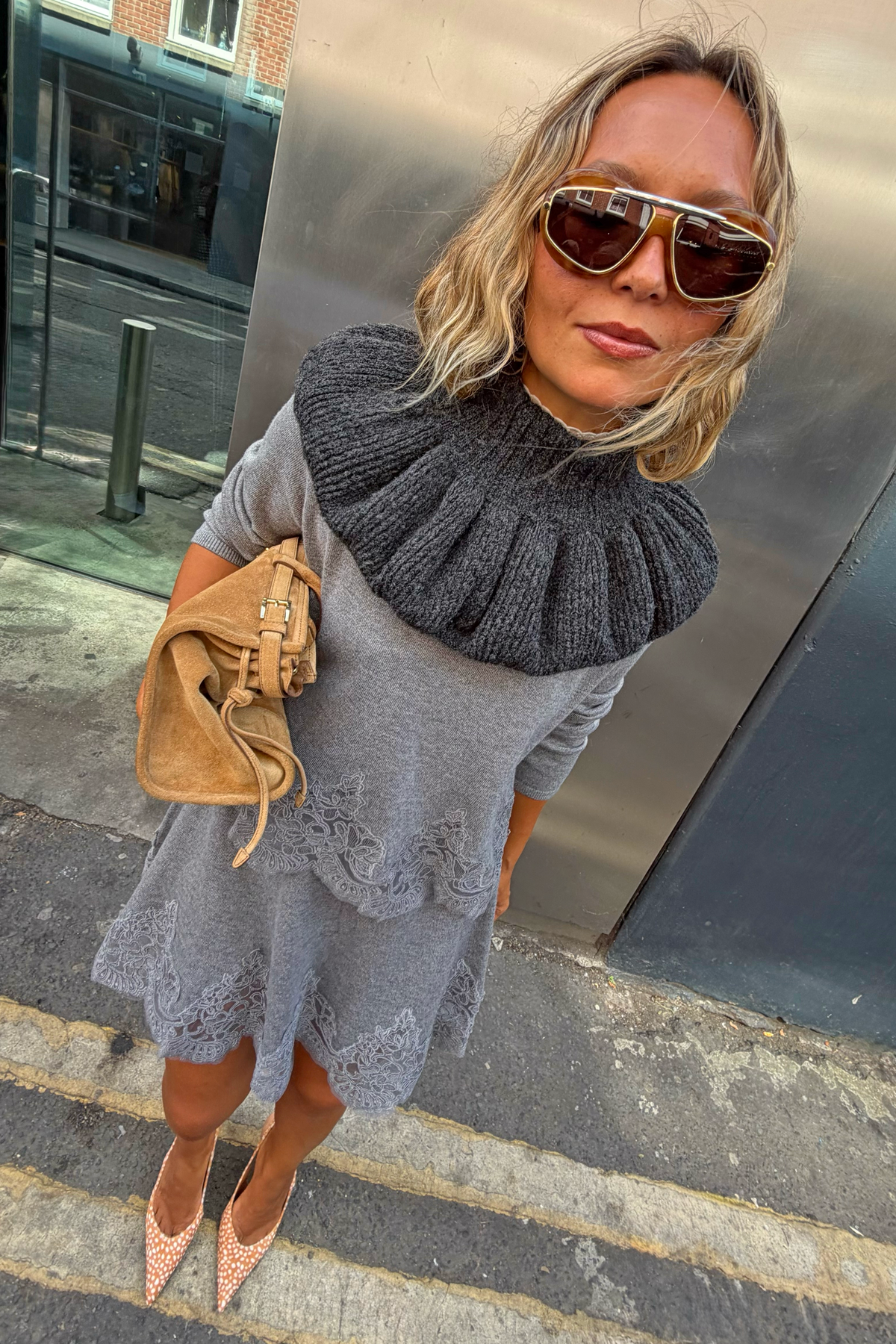 Grey Knit Ruffle Collar