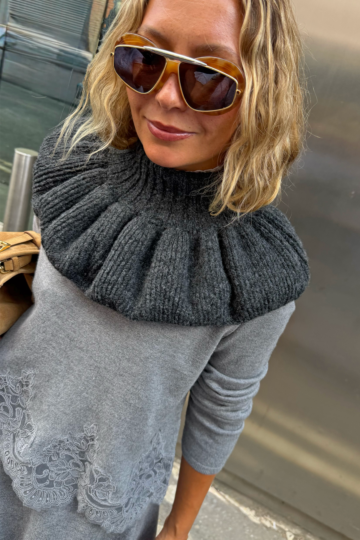 Grey Knit Ruffle Collar