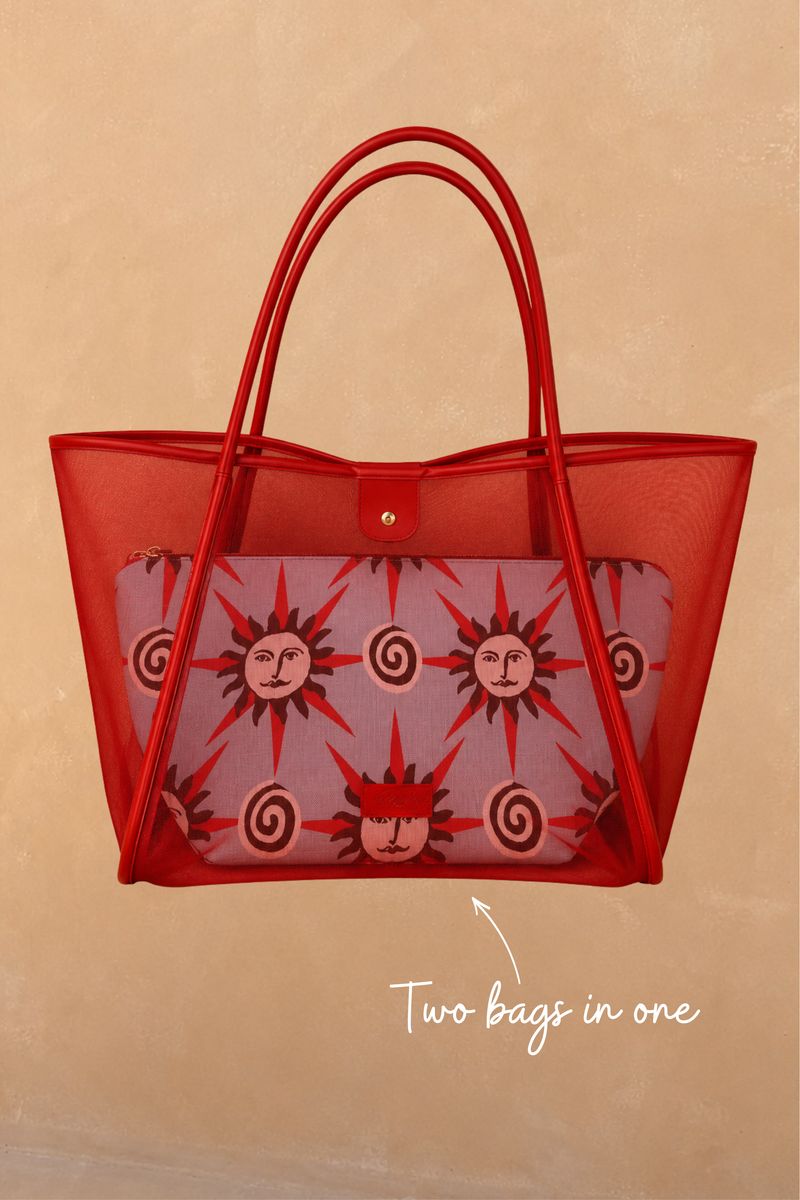 Red Mesh Tote Bag with a sun print pouch and leather straps, featuring a multi-wear two bags in one design.