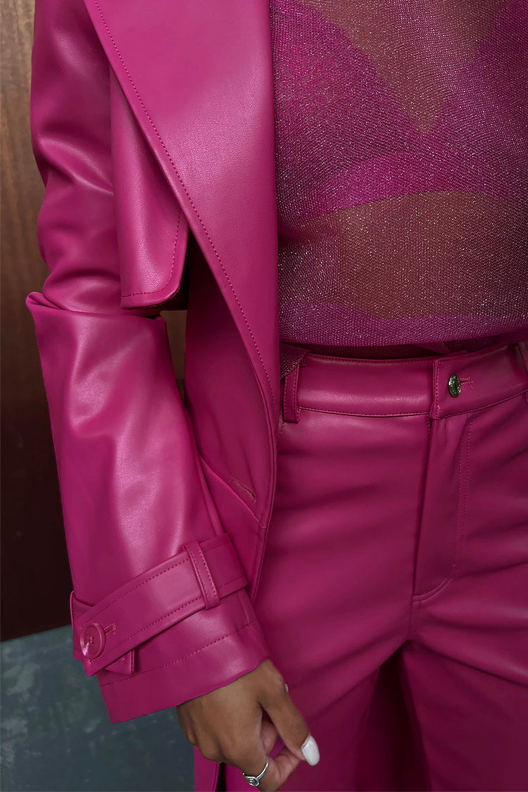 Model wearing Magenta Vegan Leather Trench 