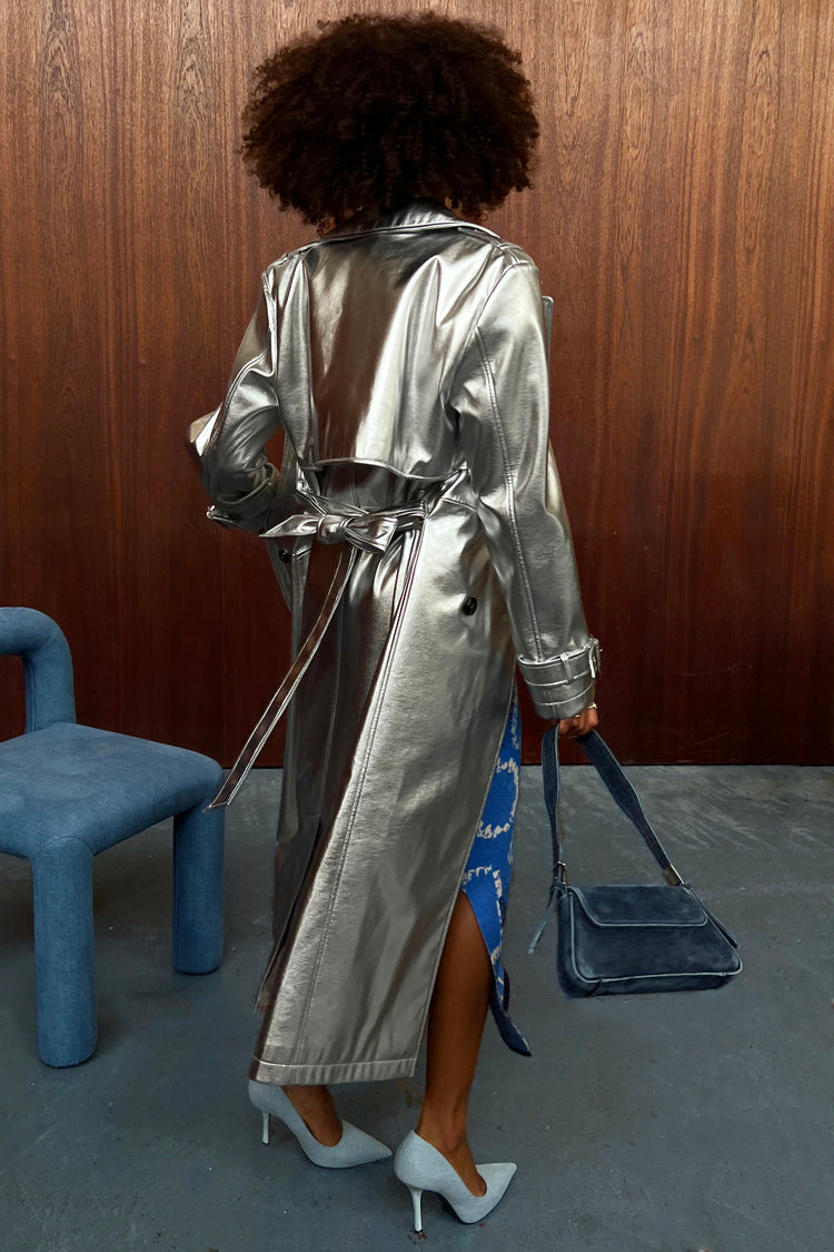 Model wearing Silver Vegan Leather Trench