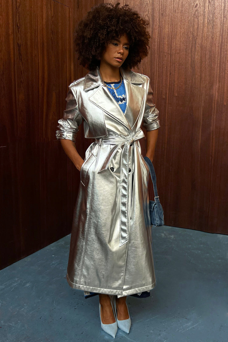 Model wearing Silver Vegan Leather Trench