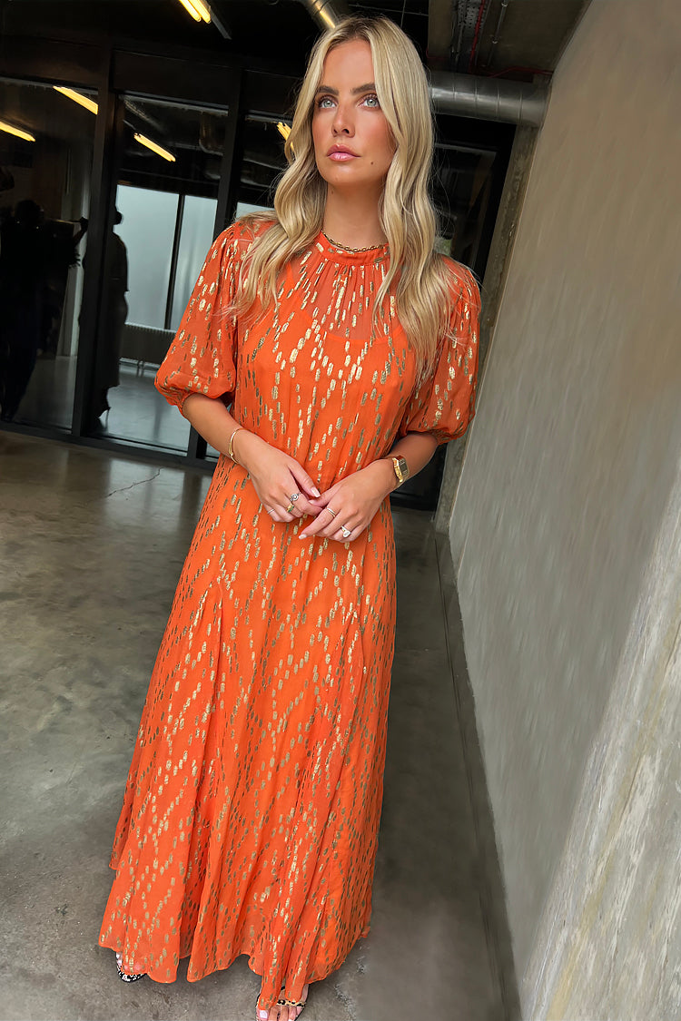 Model wearing Orange Jacquard Bibi Dress