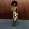 Model wearing Gold Vegan Leather Jaspre Skirt