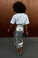 Thumbnail for caption_Model is 5ft6 and wears Silver Vegan Leather Skirt in UK 8 / US 4
