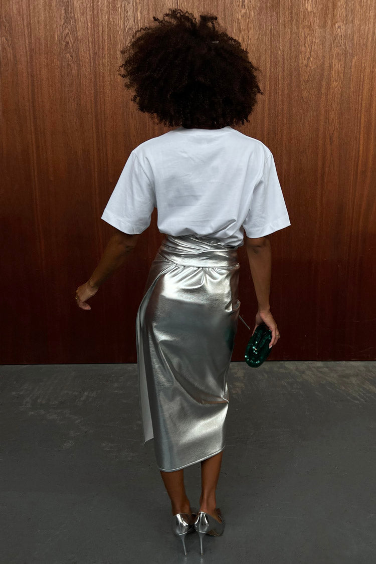 caption_Model is 5ft6 and wears Silver Vegan Leather Skirt in UK 8 / US 4