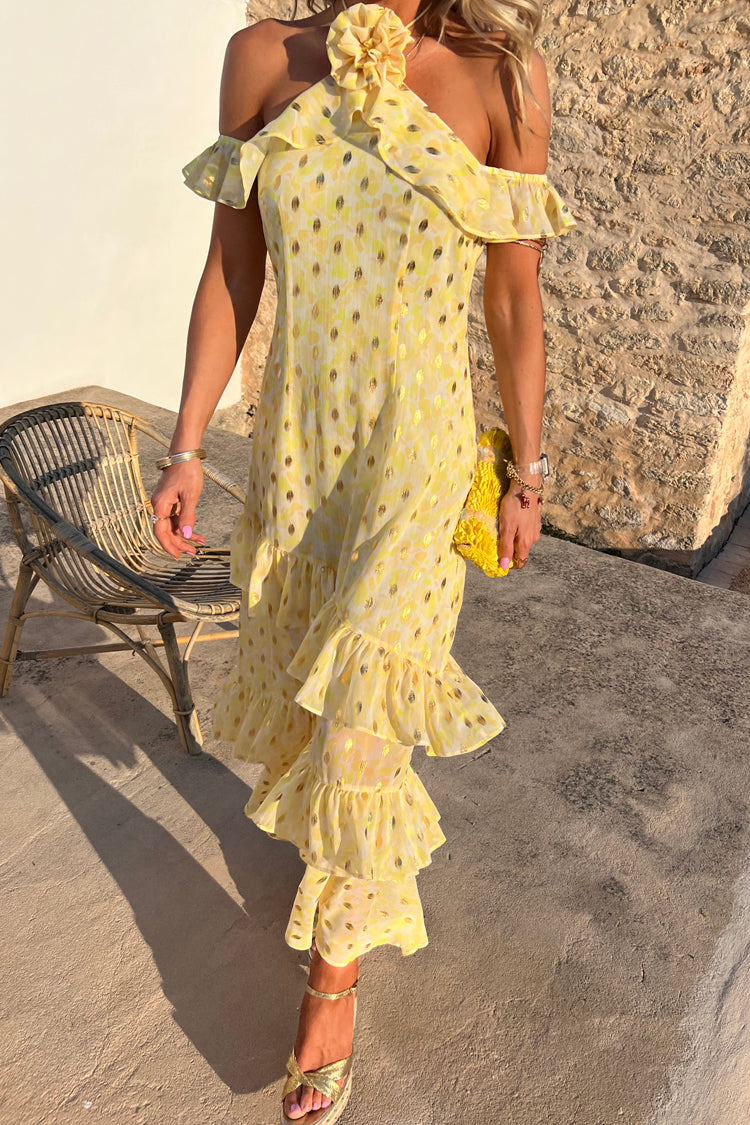 Model wearing Abstract Yellow Lulu Dress