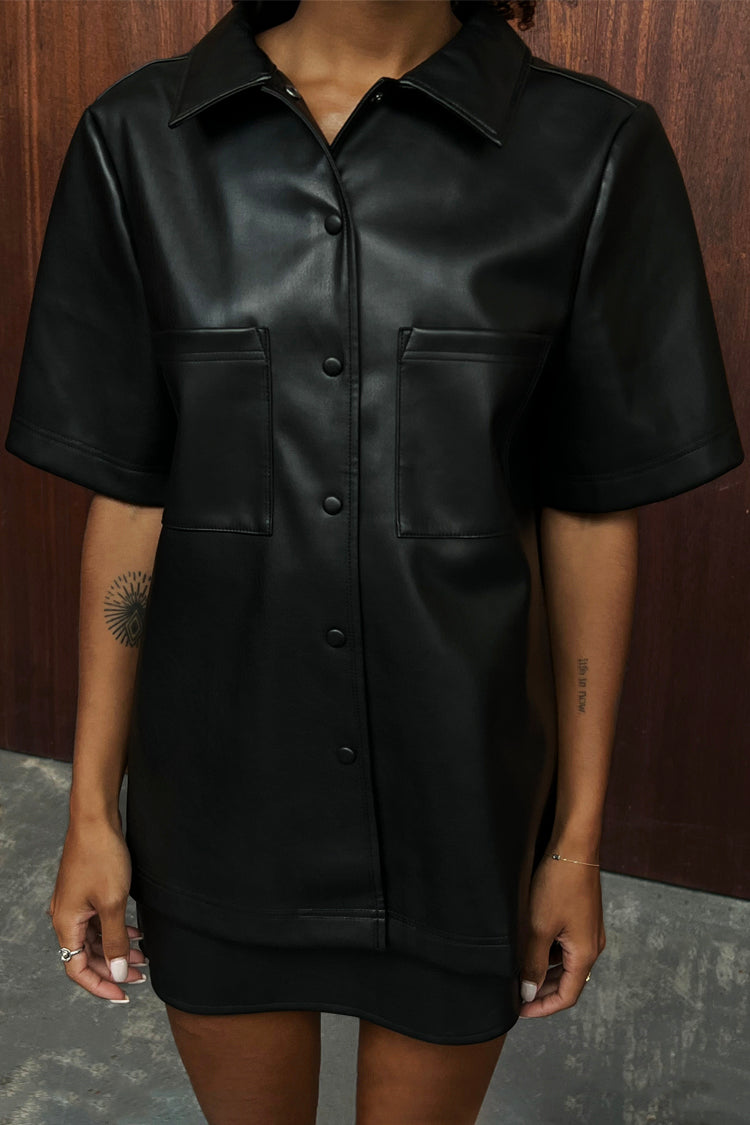 Close up of model wearing Black Vegan Leather Lizzie Shirt