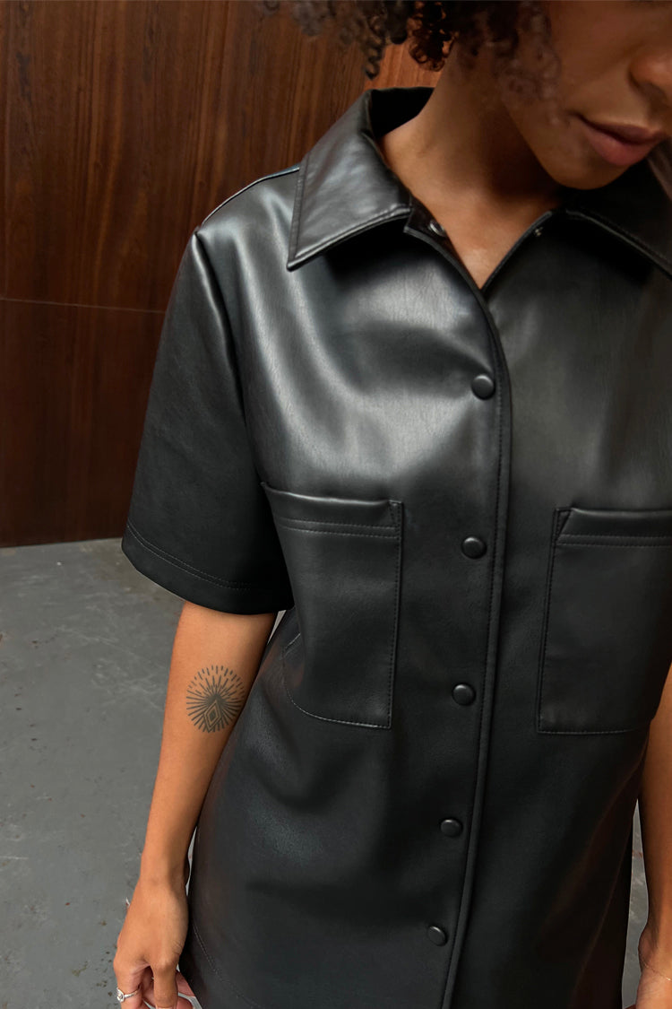 Close up of model wearing Black Vegan Leather Lizzie Shirt