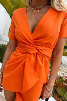 Thumbnail for Orange Cotton Linen Mini Wrap Dress