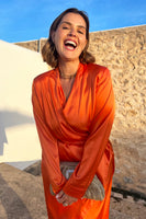 Thumbnail for Orange Long Sleeve Wrap Midi Dress