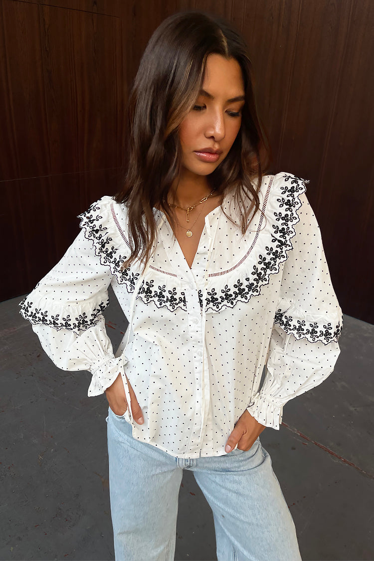 Model wearing White Dobby Shirt WIth Lace Trim Detail
