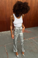 Thumbnail for Model wearing Silver Vegan Leather Trouser 