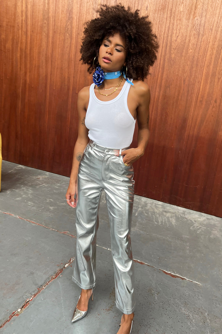 Model wearing Silver Vegan Leather Trouser 