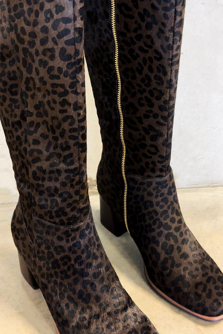 Leather Chocolate Leopard Knee High Boot