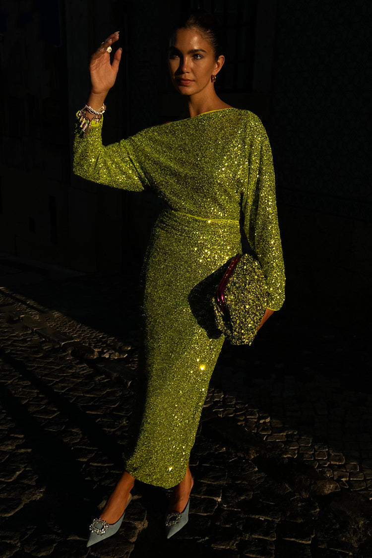 Model wearing Lime Sequin Tilly Top