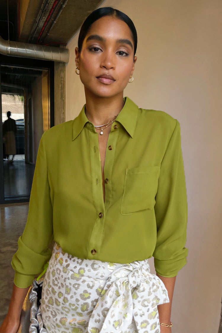 Model wearing Lime Sheer Cristi Shirt 