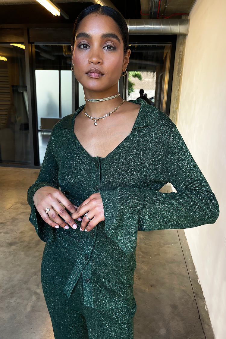 Model wearing Emerald Sparkle Cardigan